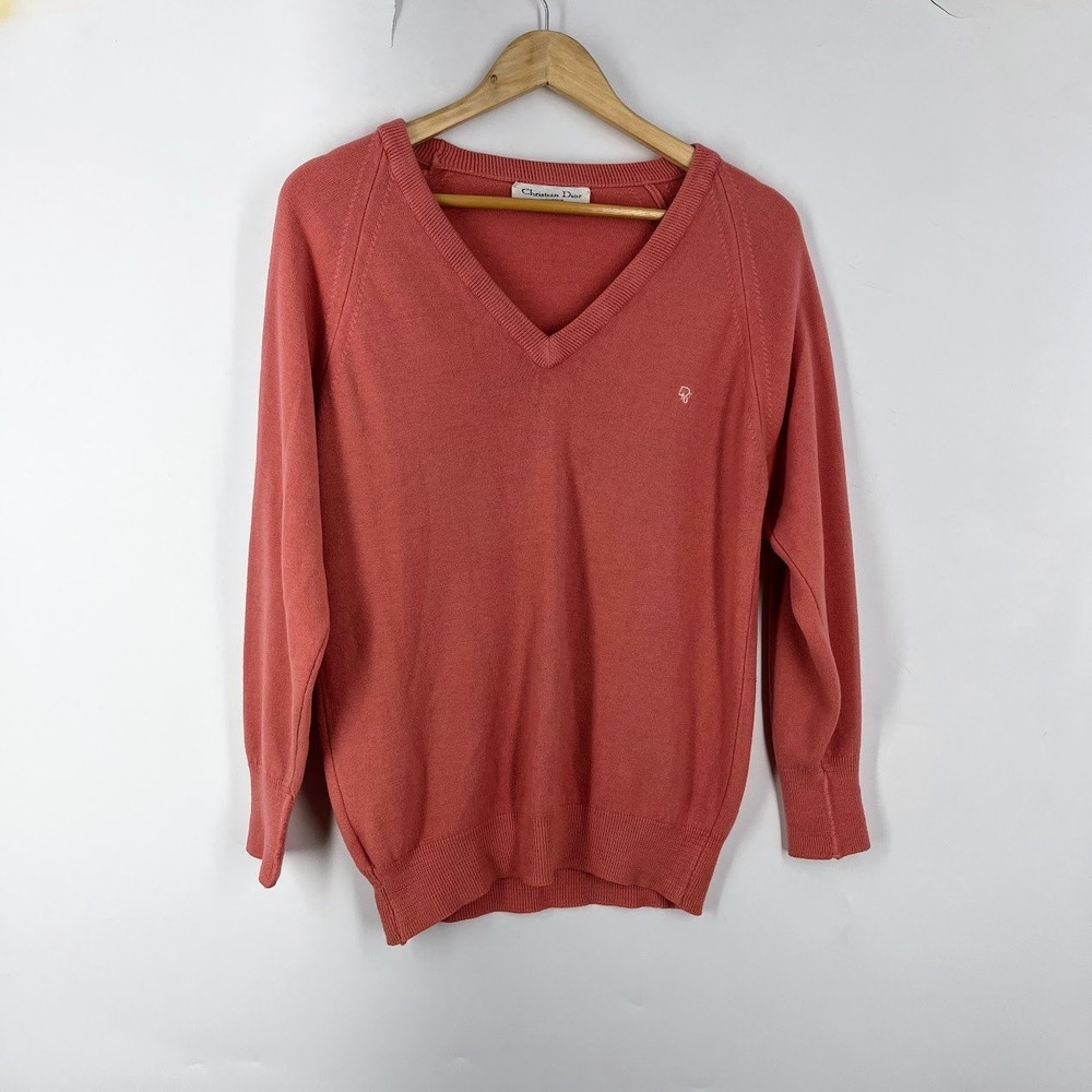 Christian Dior Monsieur Vintage V-Neck Sweater Mens Small Salmon Pink Orlon USA